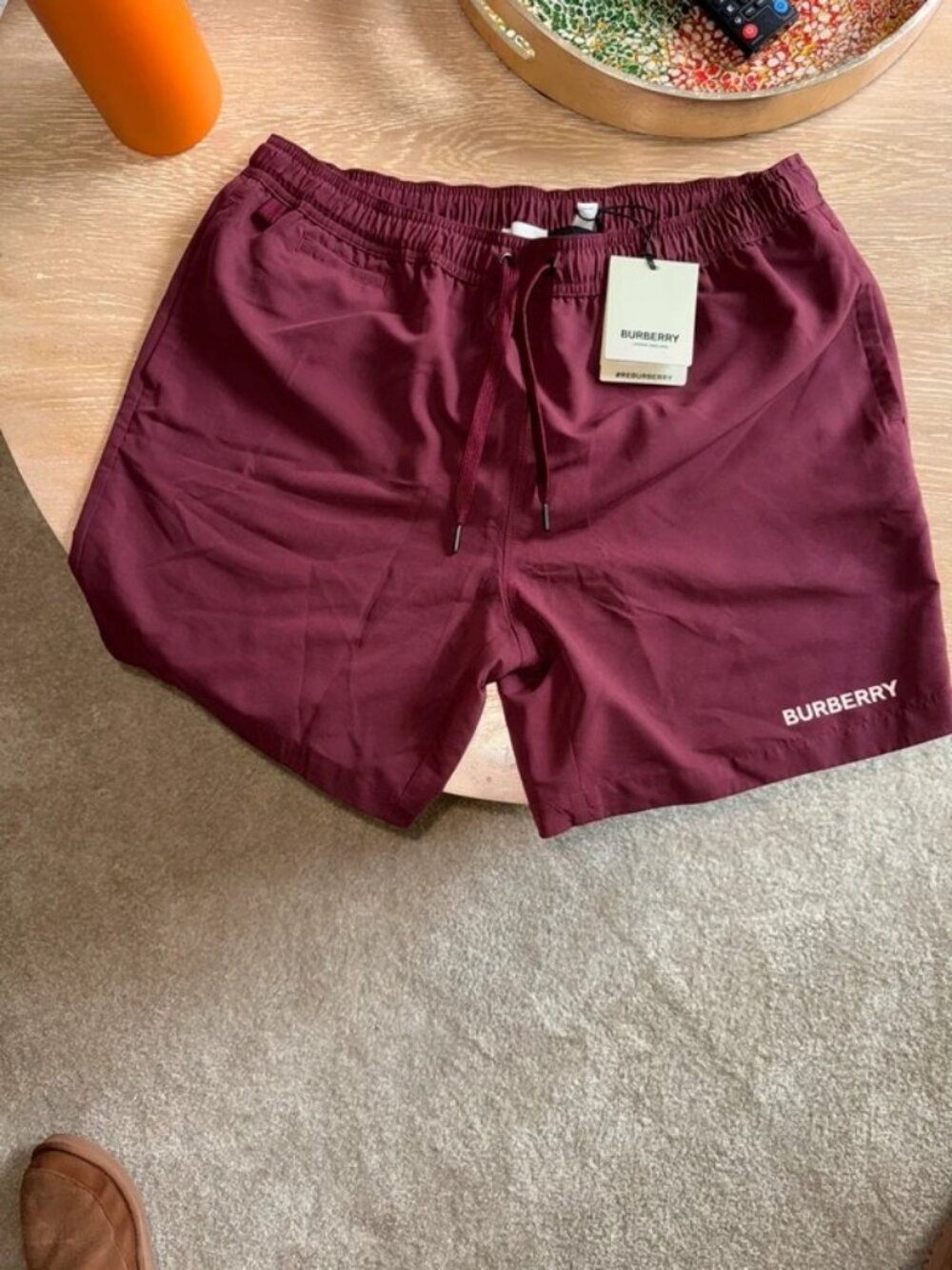 Burberry London Men's Burgundy Swim Shorts Drawstring Logo Size L NWT